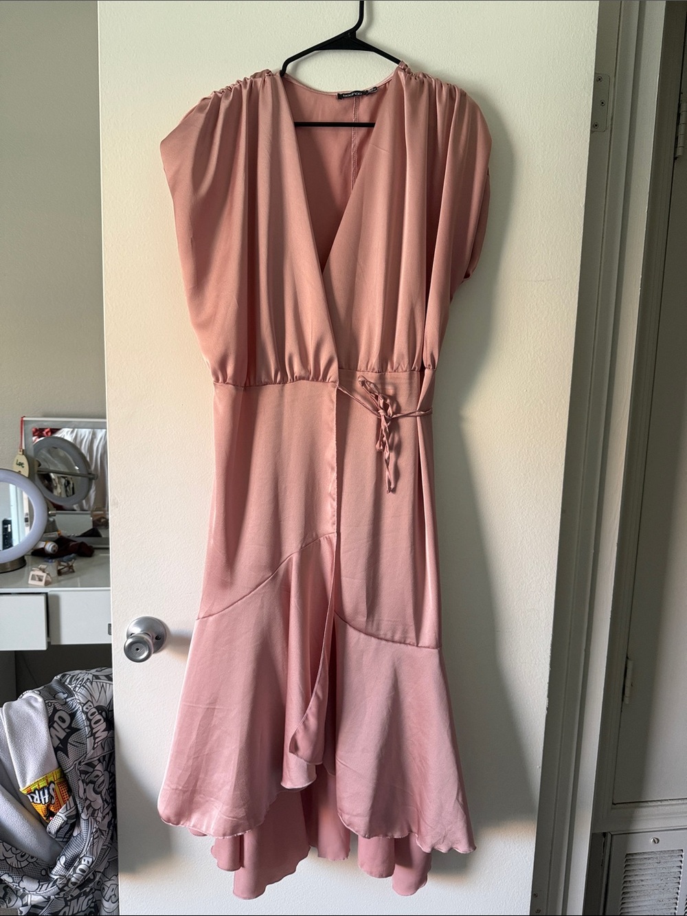 Boohoo Dusty Rose High-Low Wrap Midi Dress